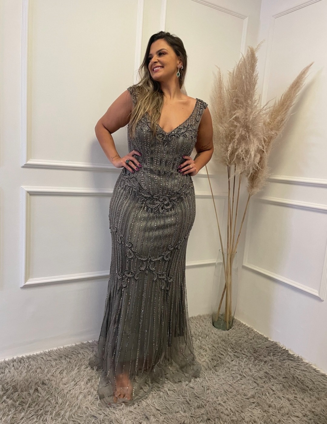 Vestido longo shop prata bordado