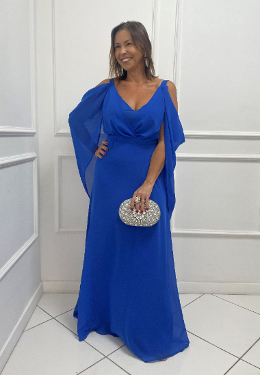 Vestido Azul Royal Fluido Manga Capa