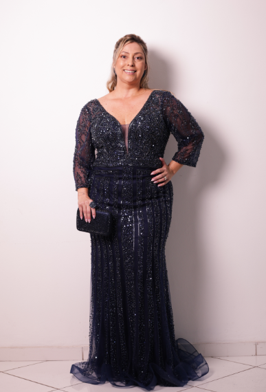 Vestido Azul Marinho Tule Bordado