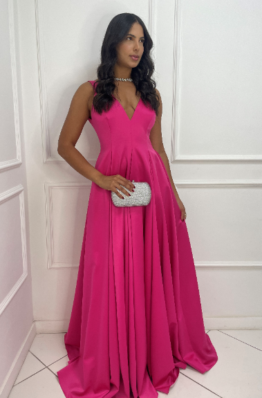Vestido Pink Acetinado Alcinha e Fenda