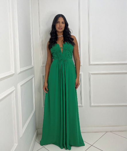 Vestido Verde com Detalhe Plissado
