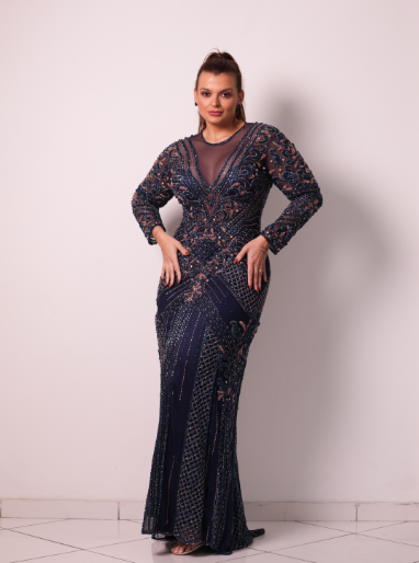 Vestido Azul Marinho e Cobre Bordado