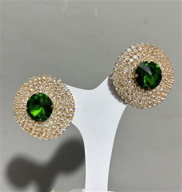 Brinco Redondo Prata e Dourado com Pedra Verde