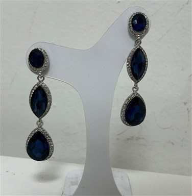 Brinco Azul Marinho 3 Pedras com Strass Prata