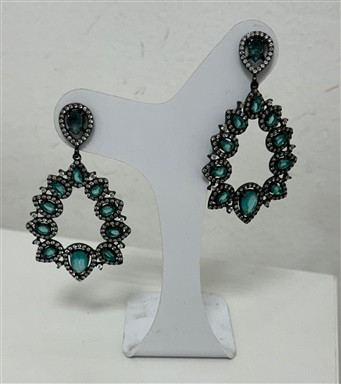 Brinco Pendurado Pedras Turquesa e Strass Prata