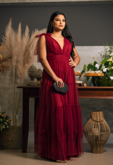 Vestido Marsala Tule Laço Na Alça
