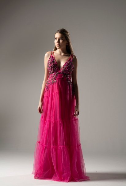 Vestido Pink Duas Alcinhas e Tule Bordado
