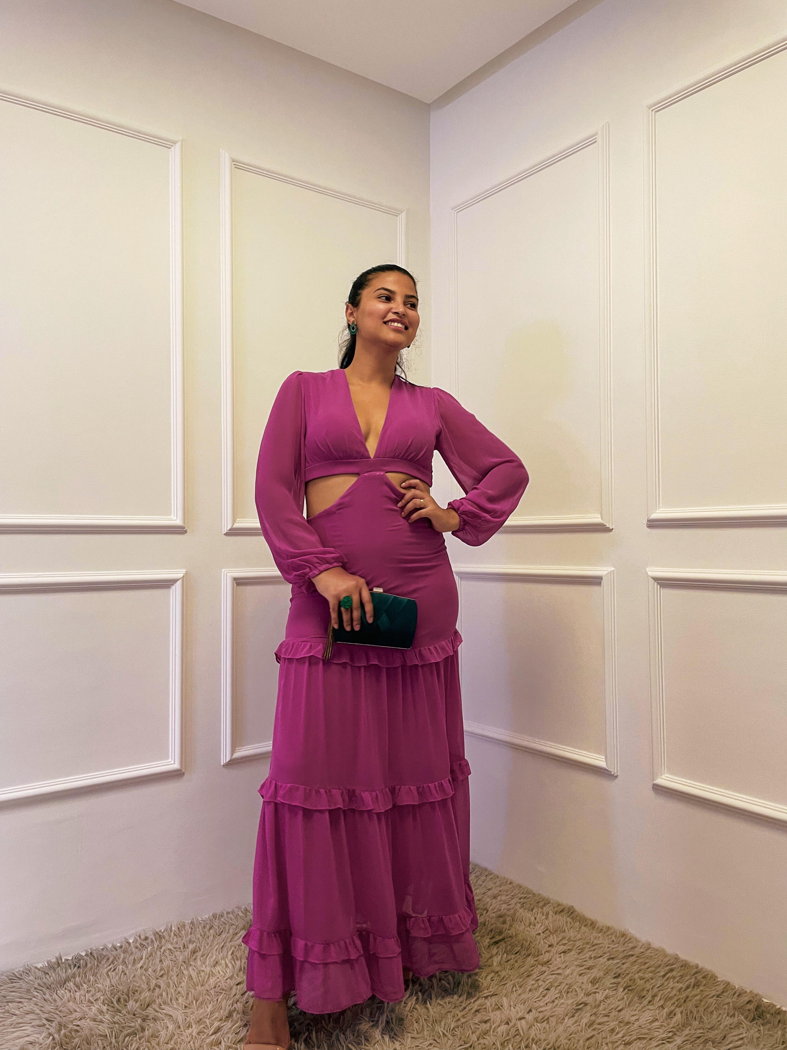 Vestido Fúcsia Manga Longa