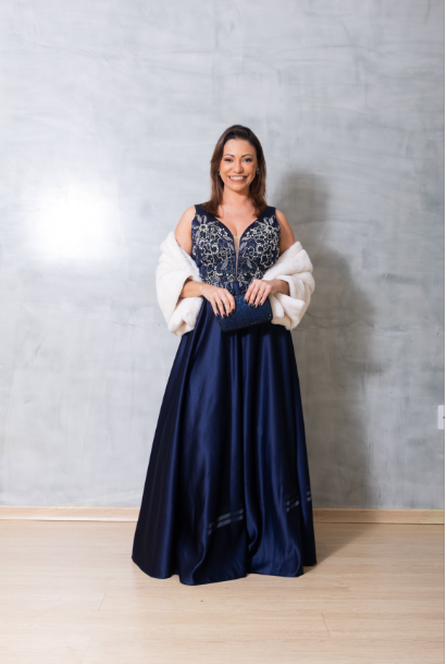 Vestido Azul Marinho com Bordado Prata
