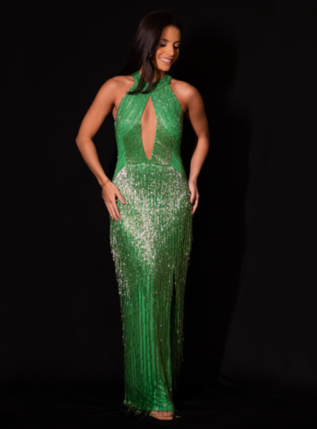 Vestido Verde Bordado Franjas