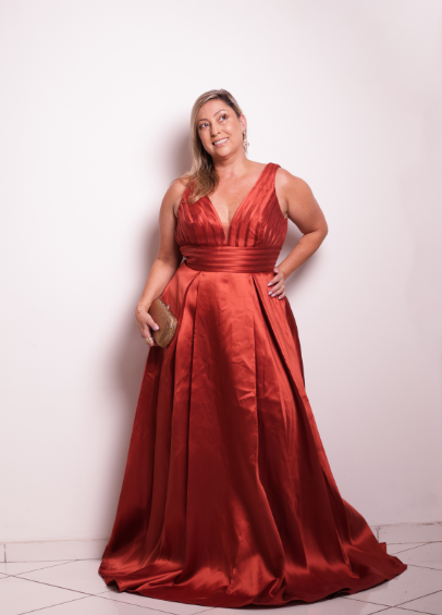 Vestido Terracota Fita e Saia com Pregas