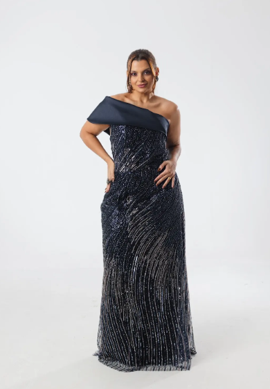 Vestido Azul Marinho e Prata Ombro Único