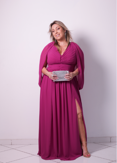 Vestido Fúcsia Drapeado com Capa e Fenda