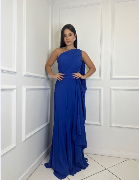 Vestido Azul Royal Um Ombro com Capa