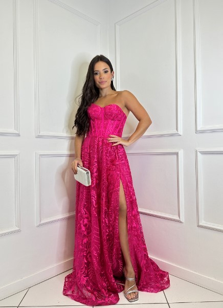 Vestido Pink Renda com Fenda