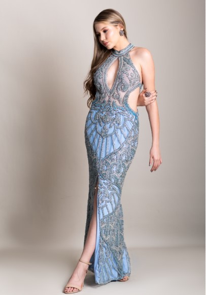 Vestido Tons de Azul Bordado
