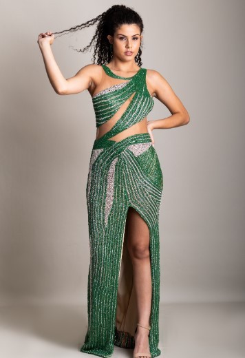 Vestido Bordado Verde com Strass Prata
