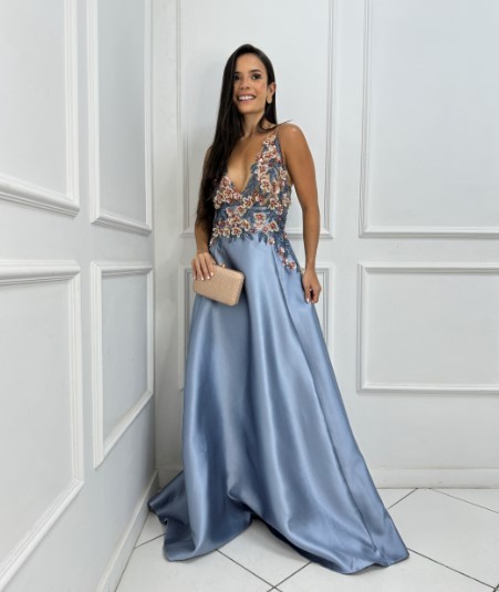 Vestido Alfaiataria Azul Bordado em Flores