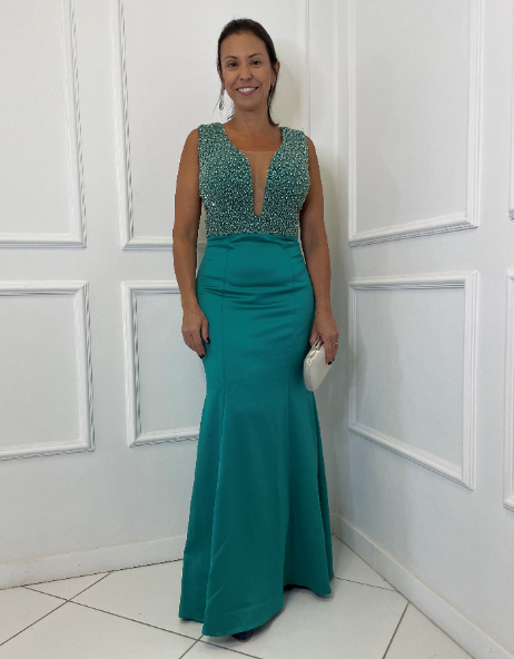 Vestido Sereia Verde Bordado em Pérola
