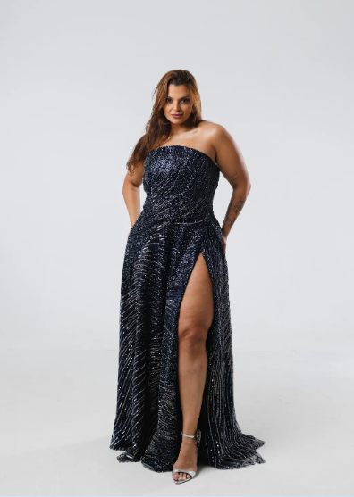 Vestido Azul Marinho com Prata Bordado TQC