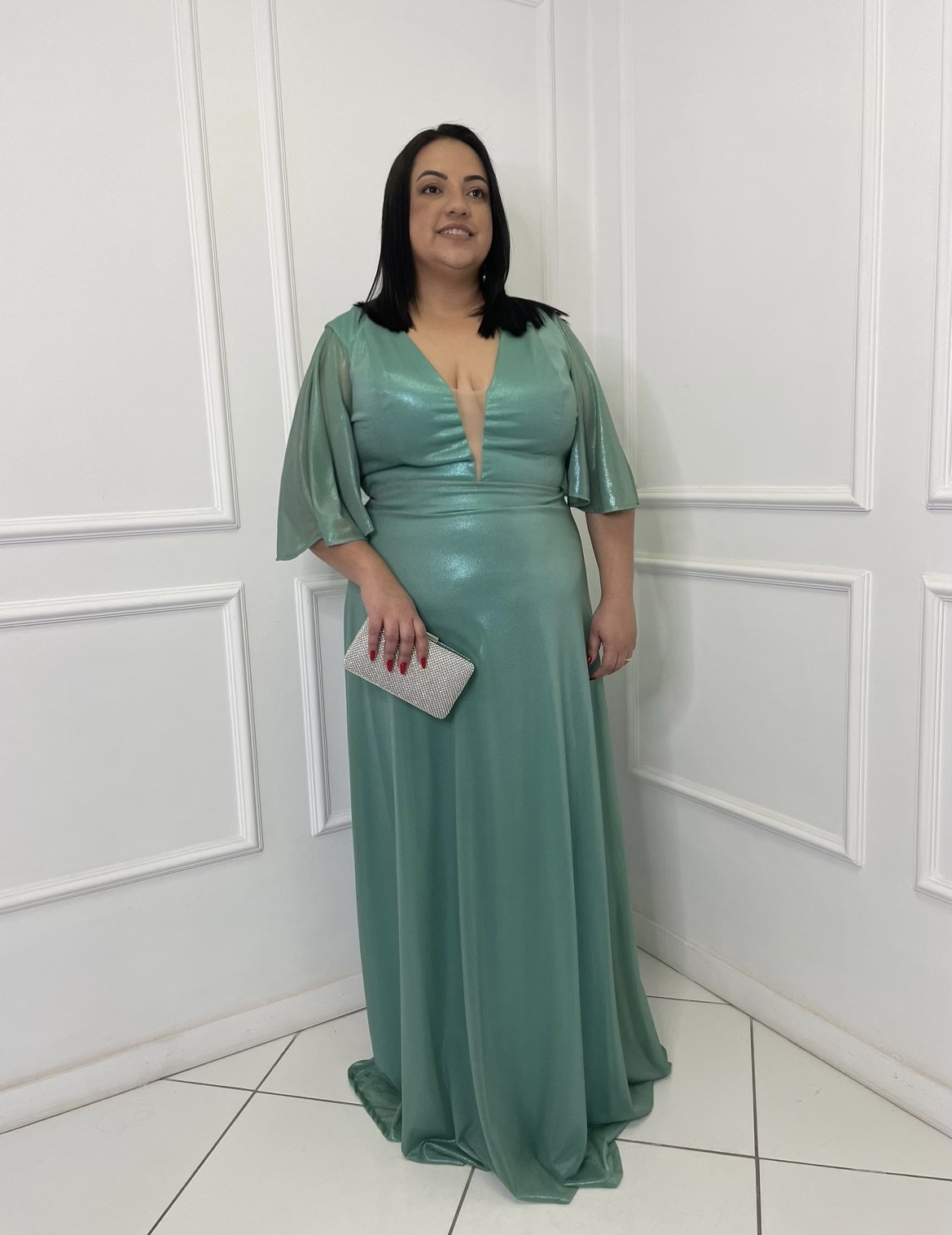 Vestido Verde Com Brilho e Manga 