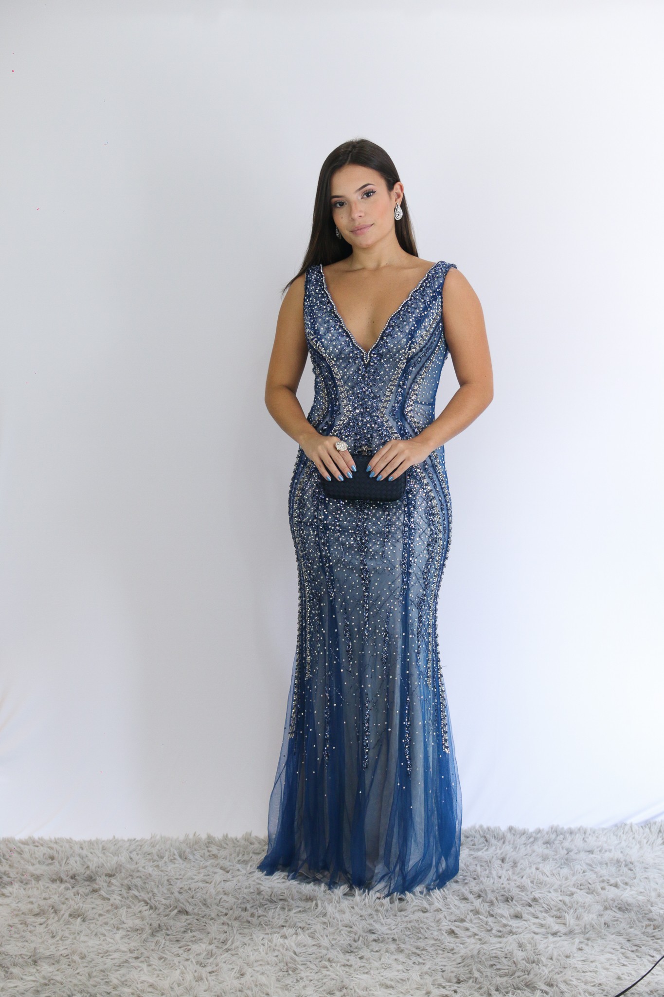 Vestido Azul Sereia Bordado