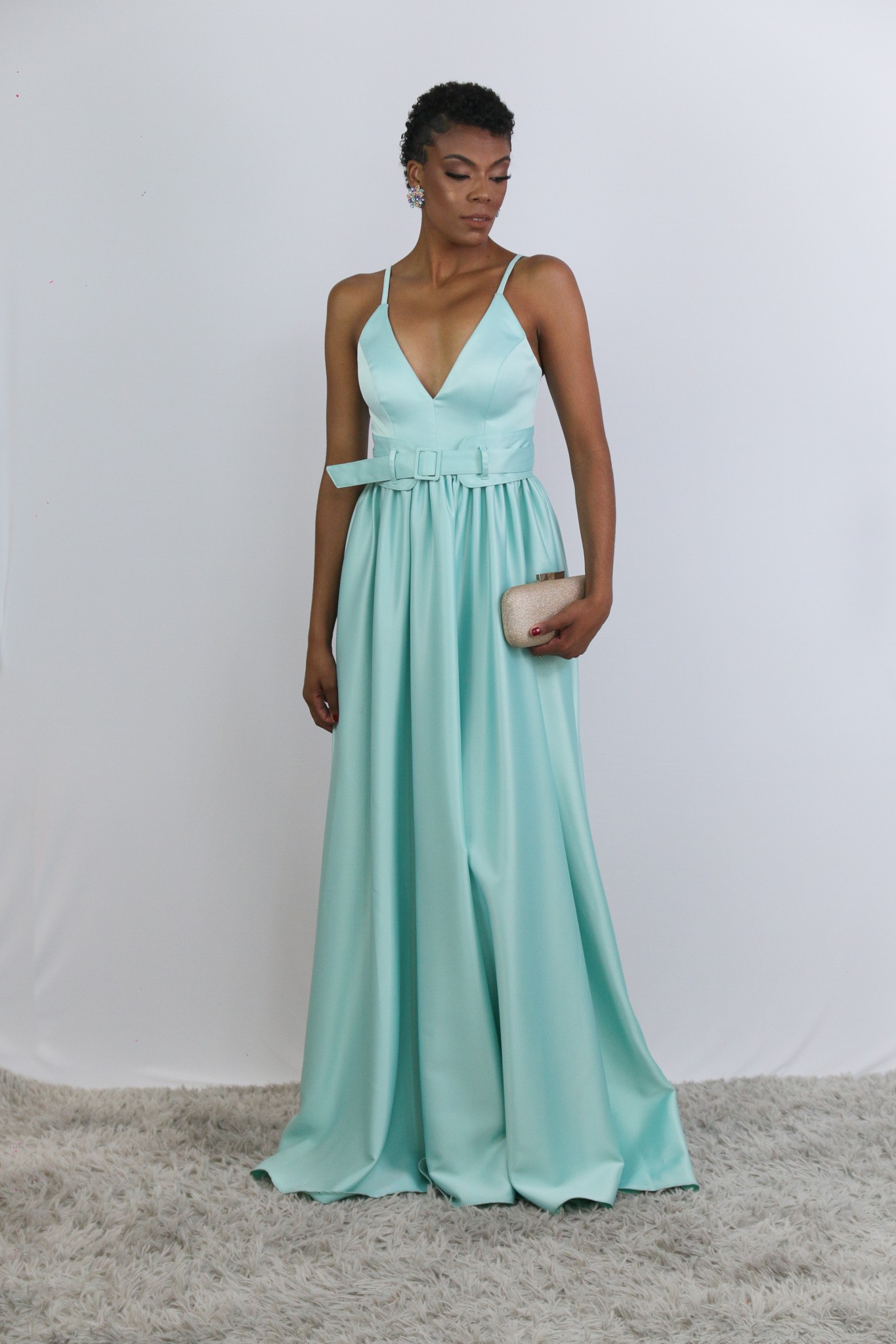 Vestido Princesa Decote Cinto Verde Tiffany