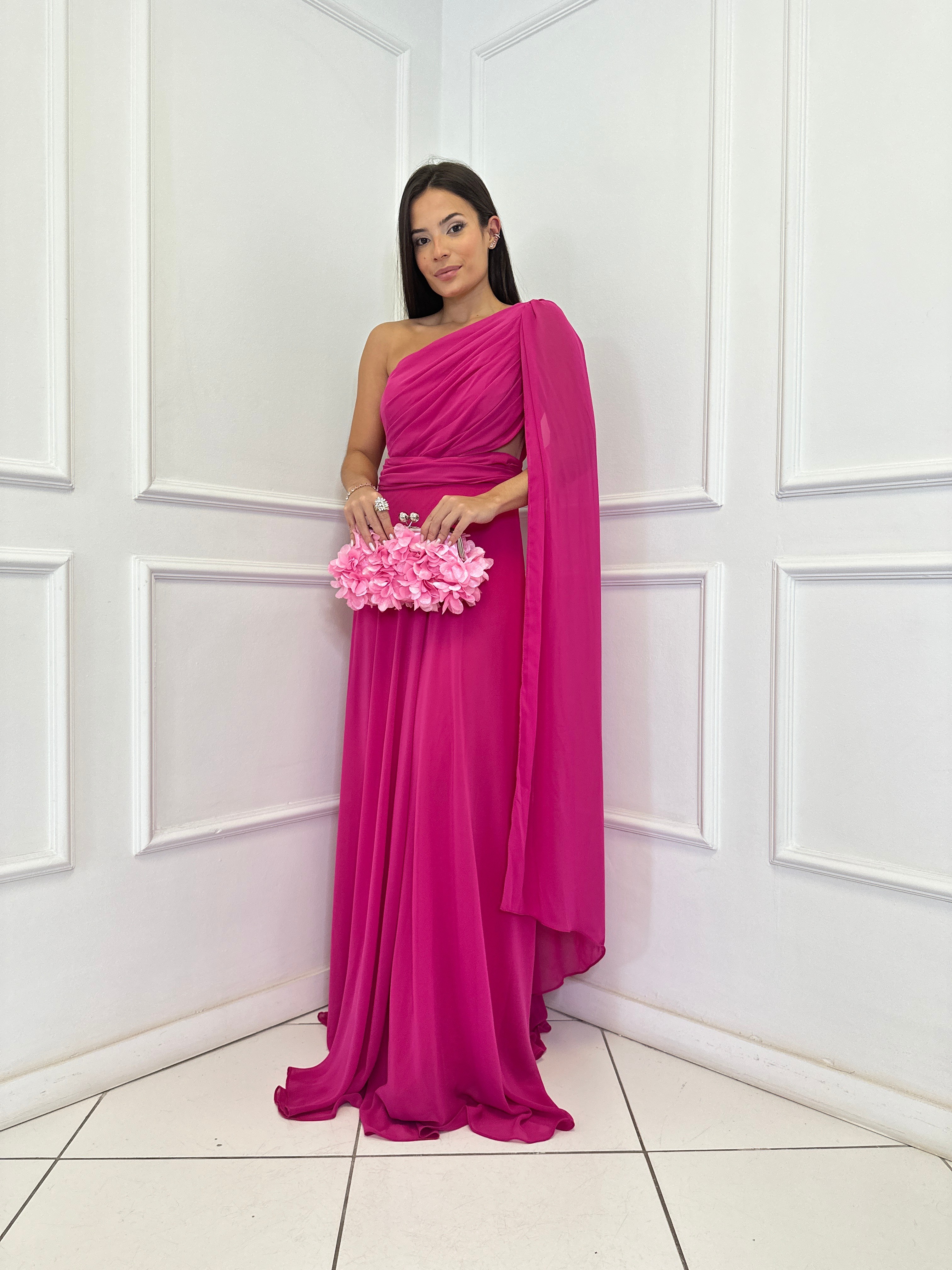 Vestido Pink Um Ombro Com Capa