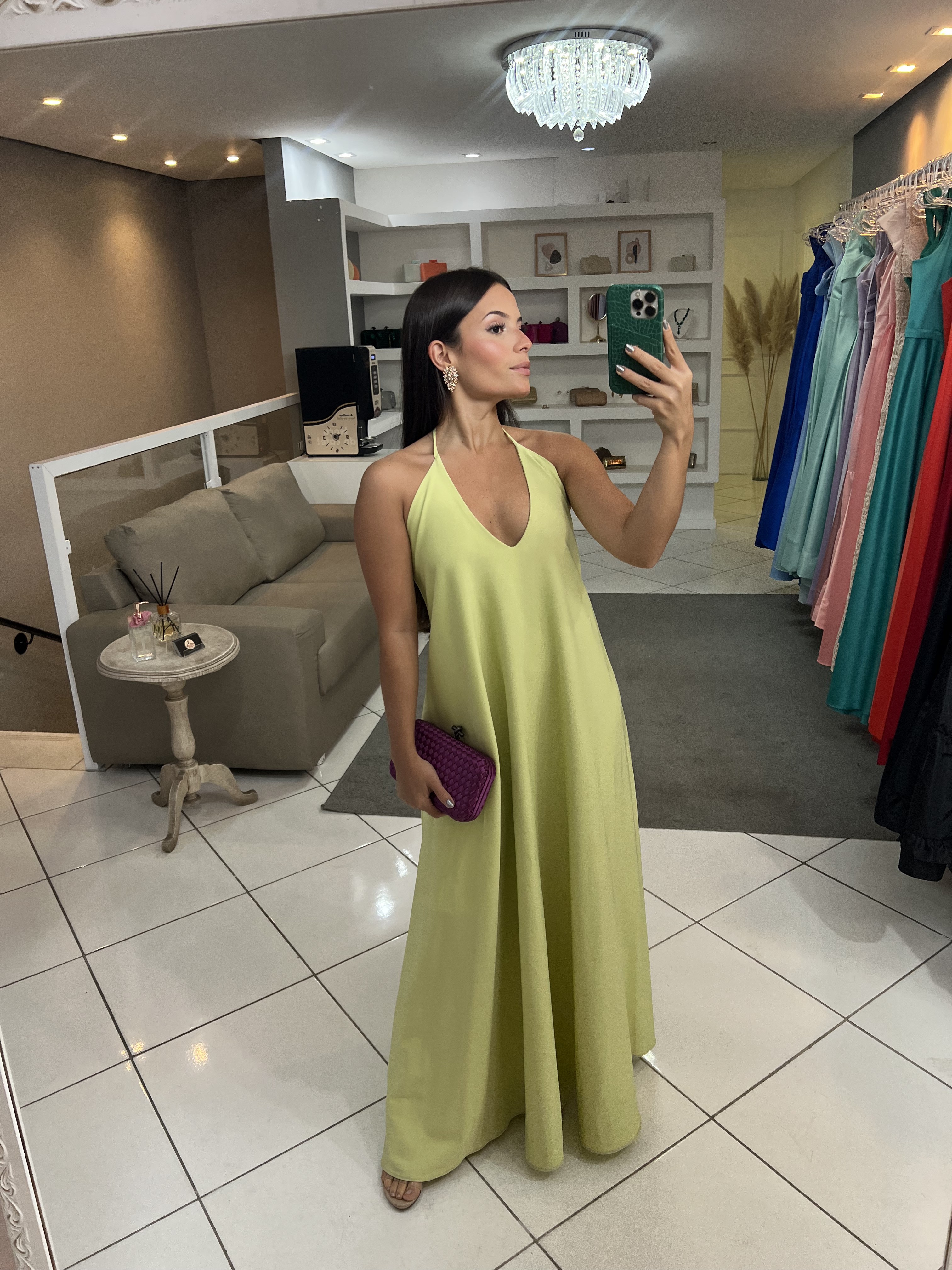 Vestido Verde Lima Fluido Frente Única