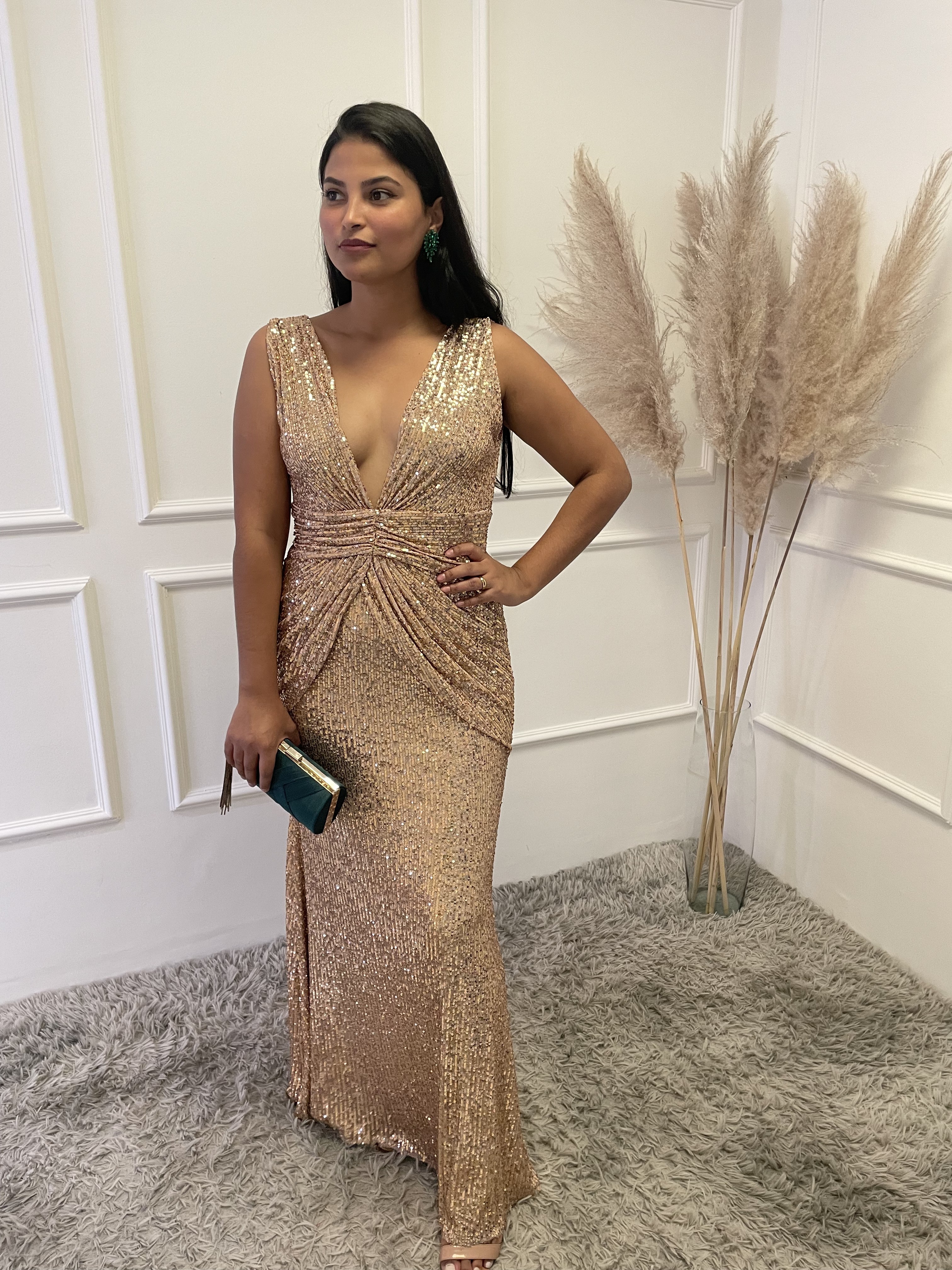Vestido Paetê Dourado/Rosê Plissado Cintura
