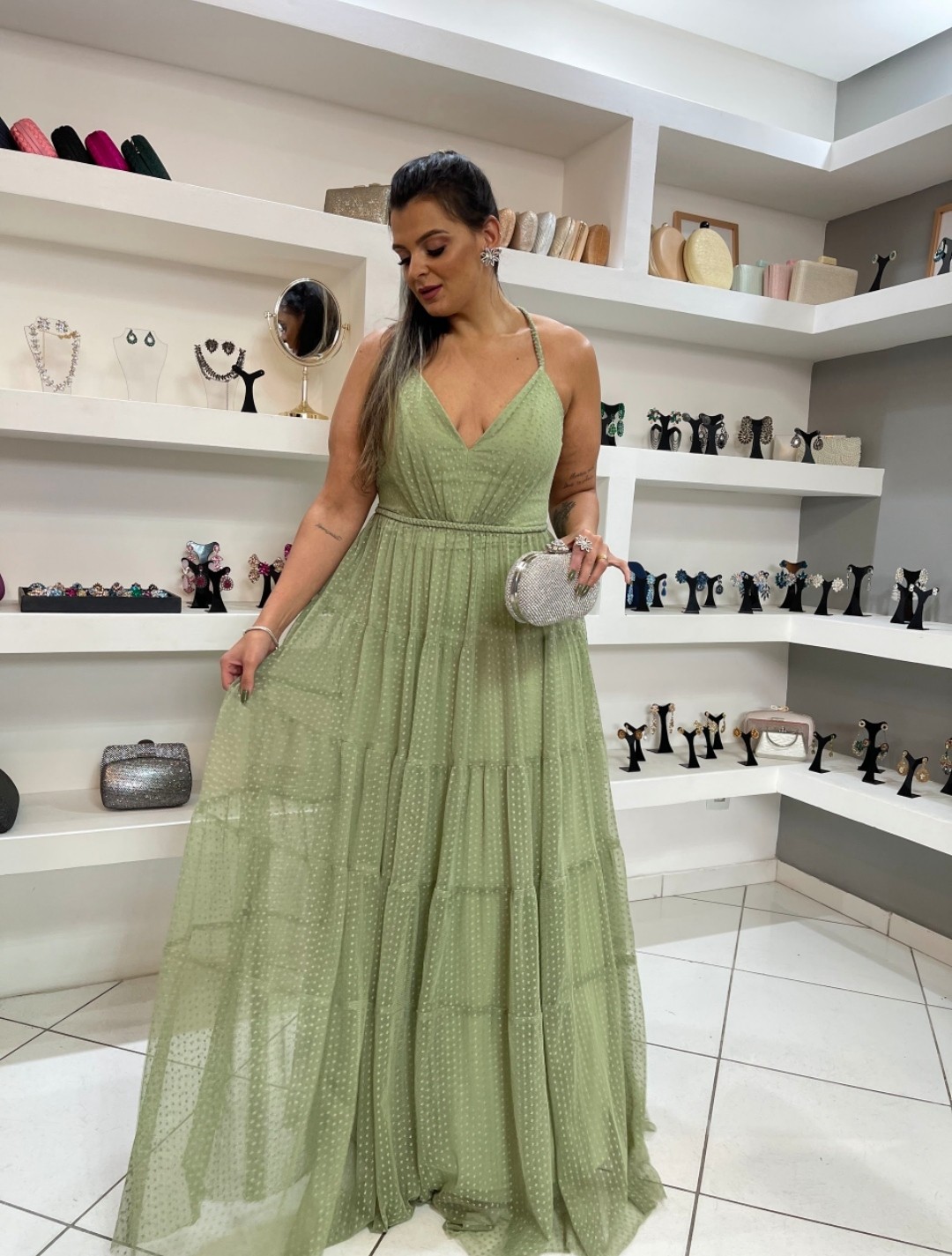Vestido Verde Menta Tule Poá