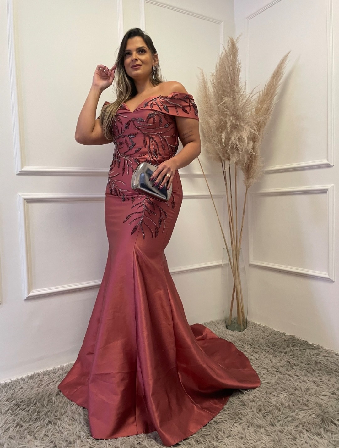 Vestido Goiaba Ombro a Ombro Bordado
