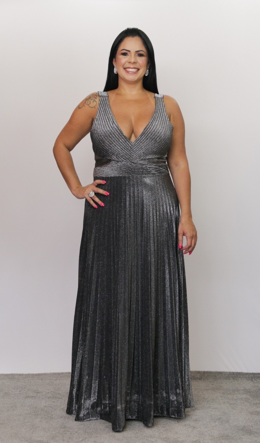 Vestido Lurex Grafite Saia Plissada