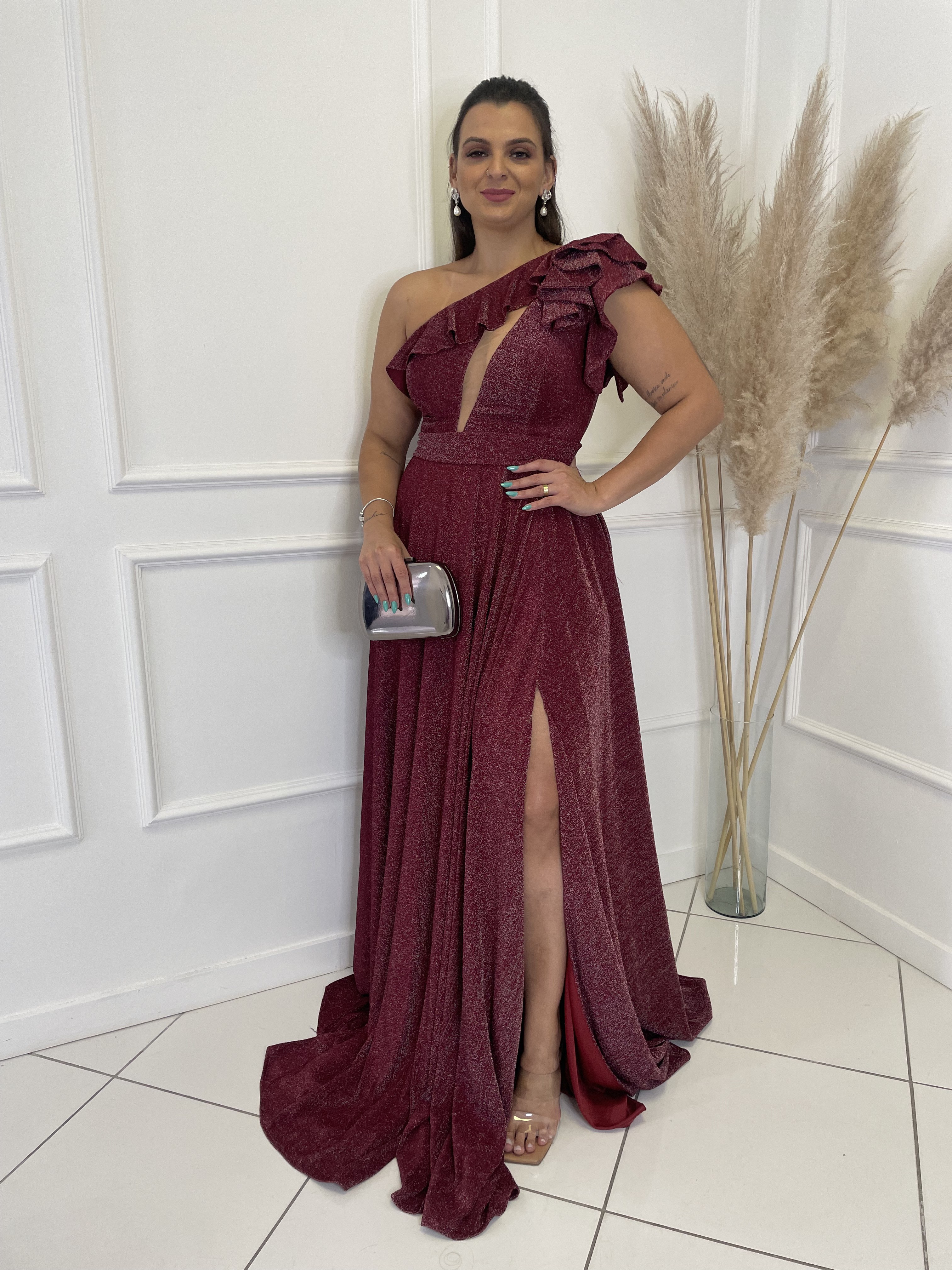 Vestido Marsala Lurex Um Ombro Só 