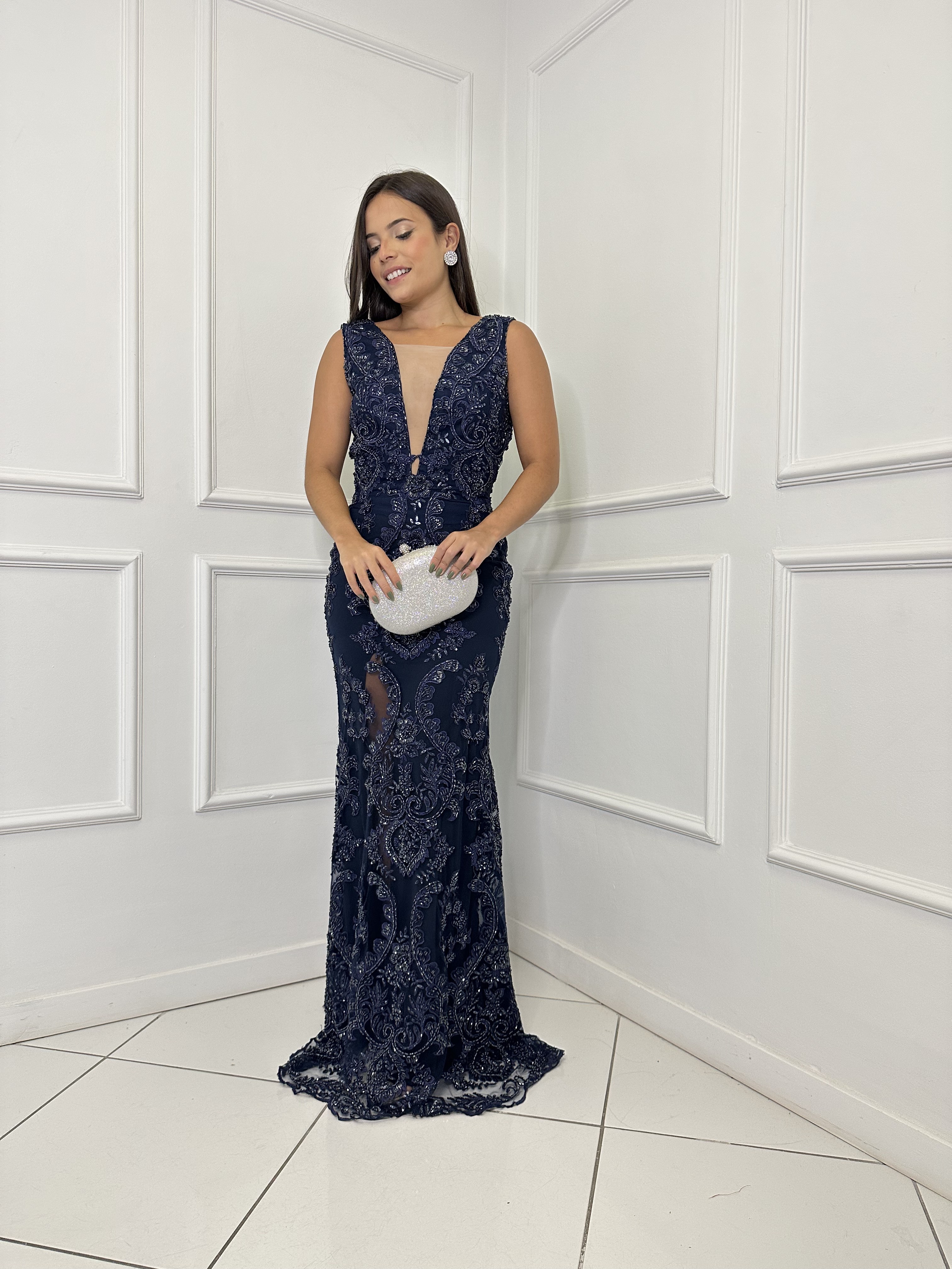 Vestido Marinho Sereia Renda Bordada