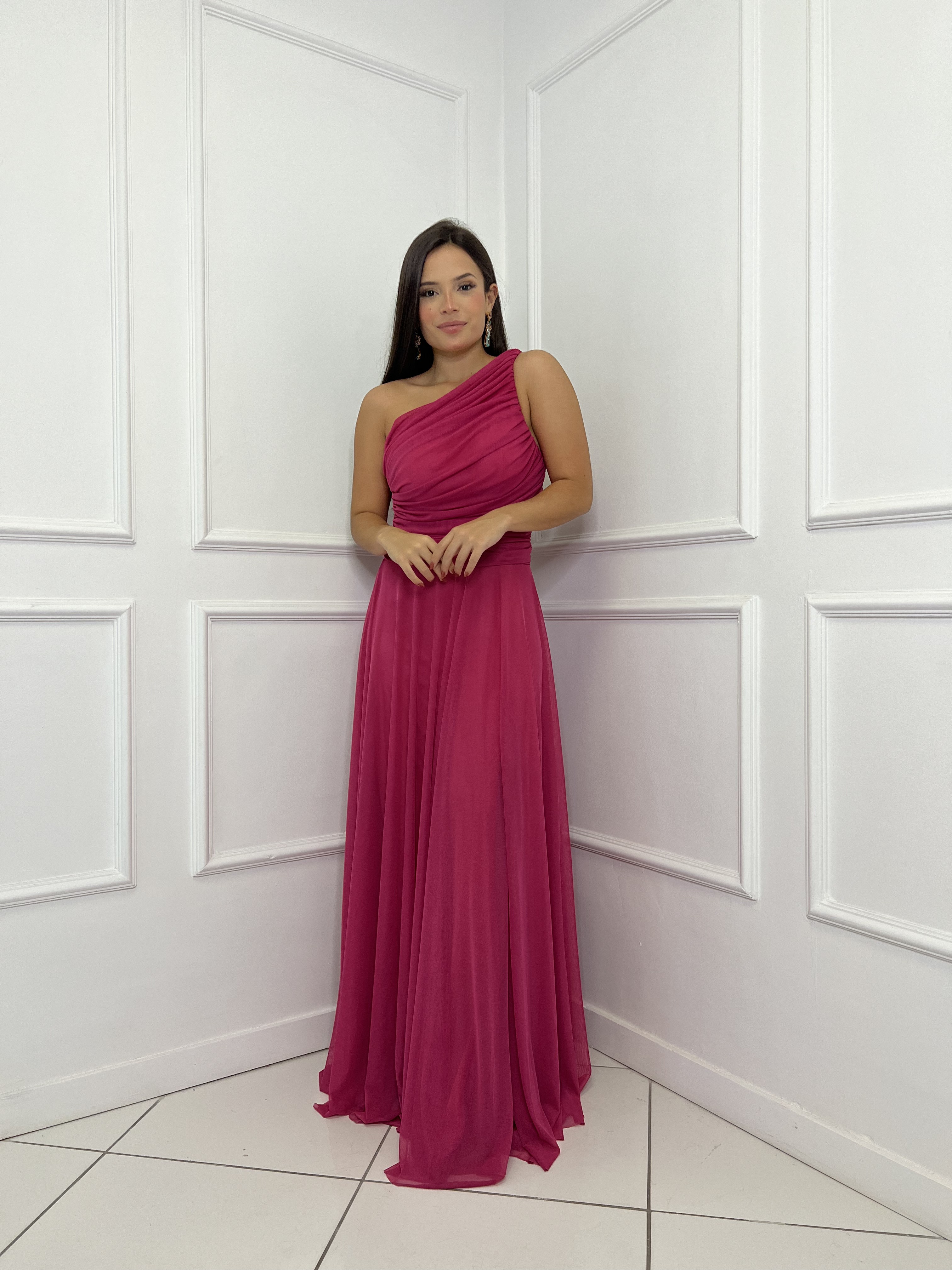 Vestido Pink Um Ombro Só Fenda 