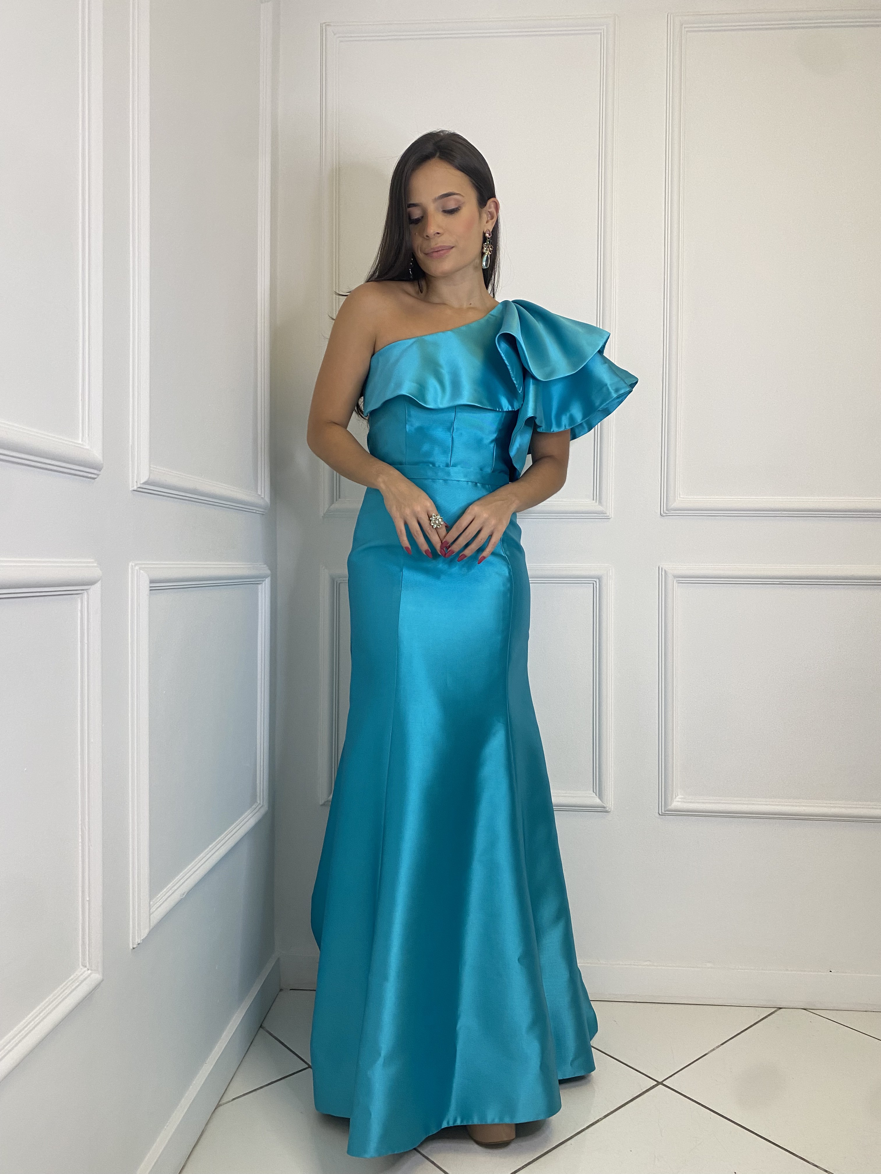 Vestido Tiffany Turquesa Um Ombro com Babado