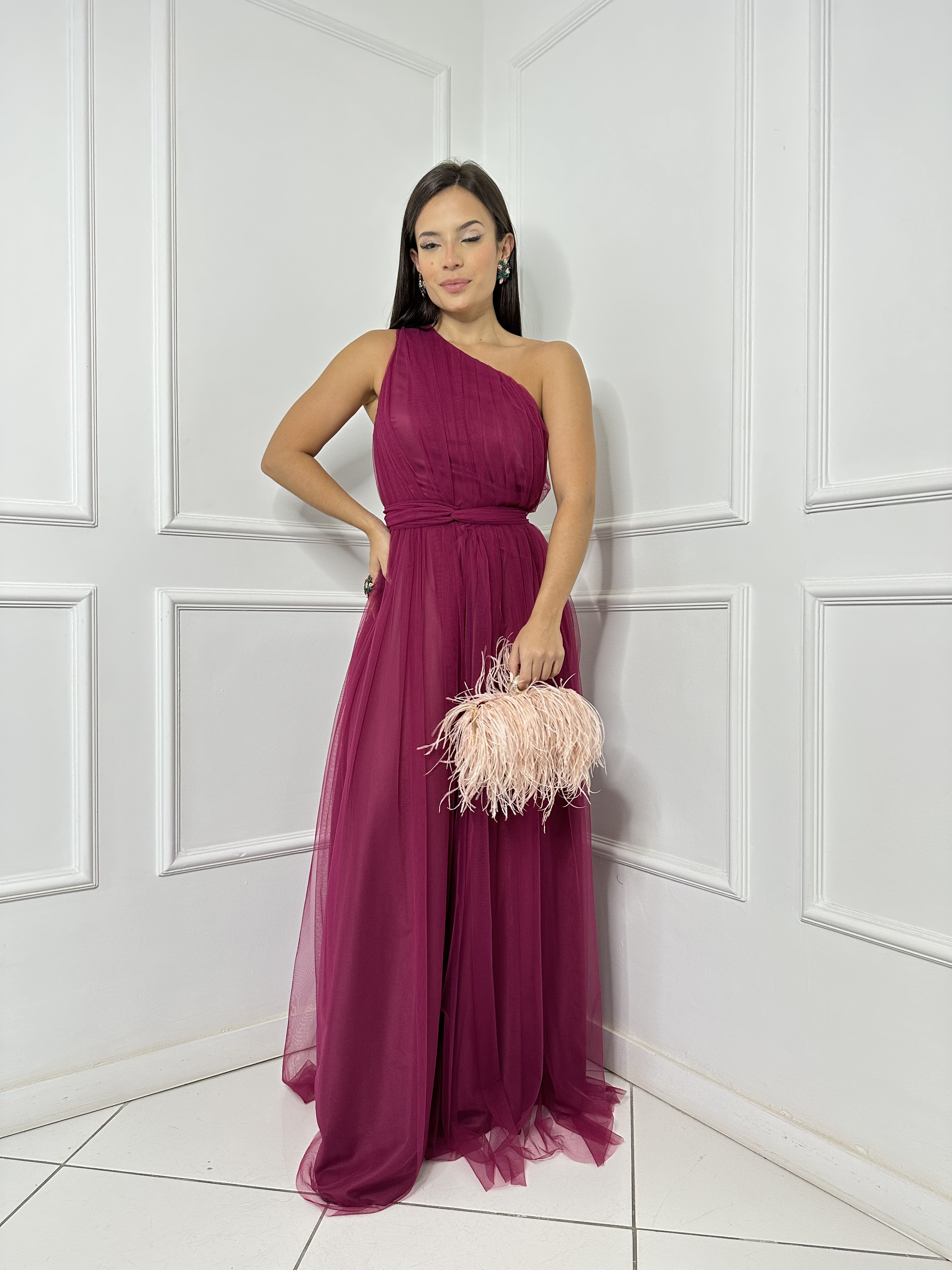 Vestido Tule Fúcsia Um Ombro Só Amarração