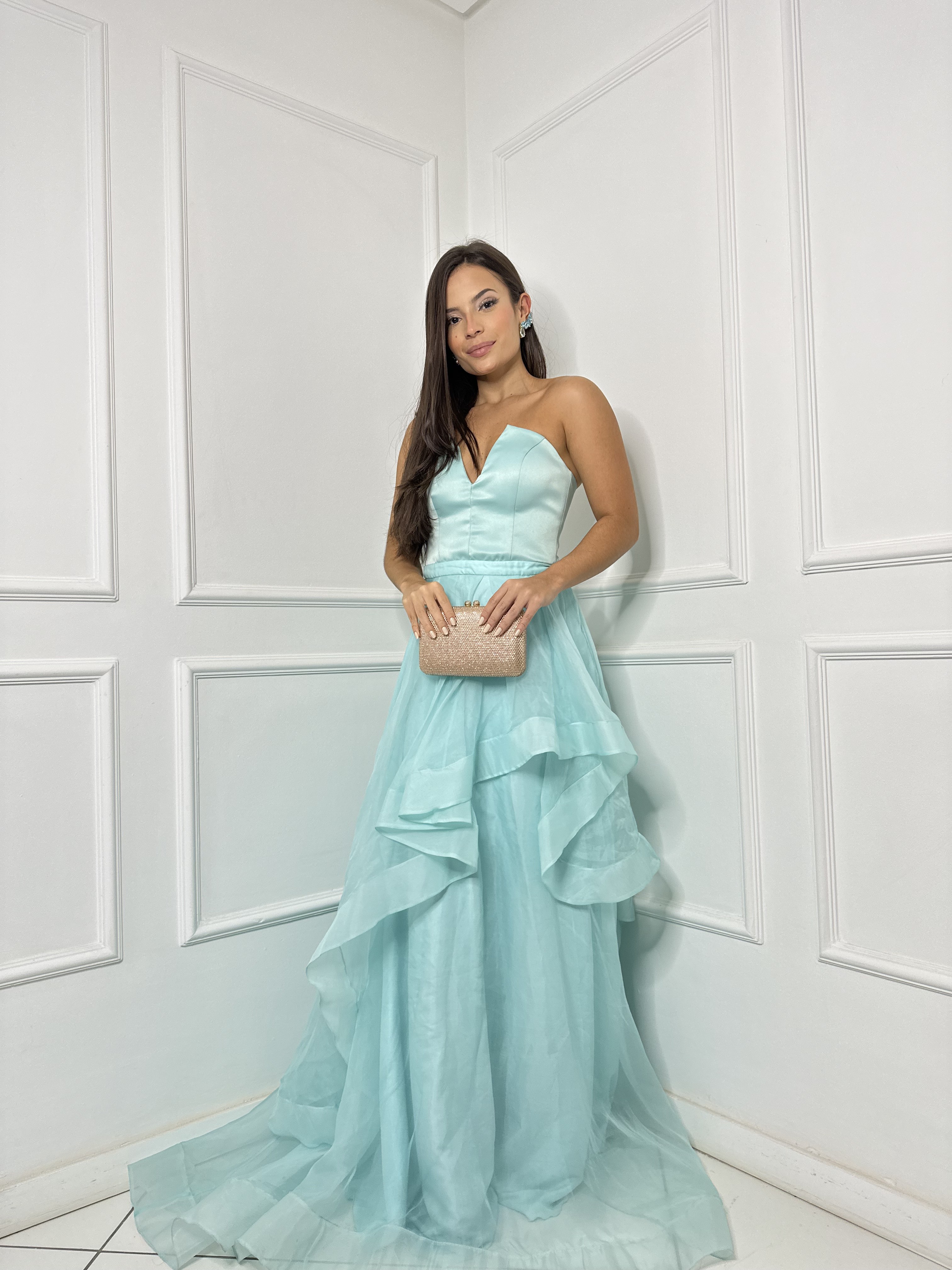 Vestido Verde Tiffany Organza com Babados