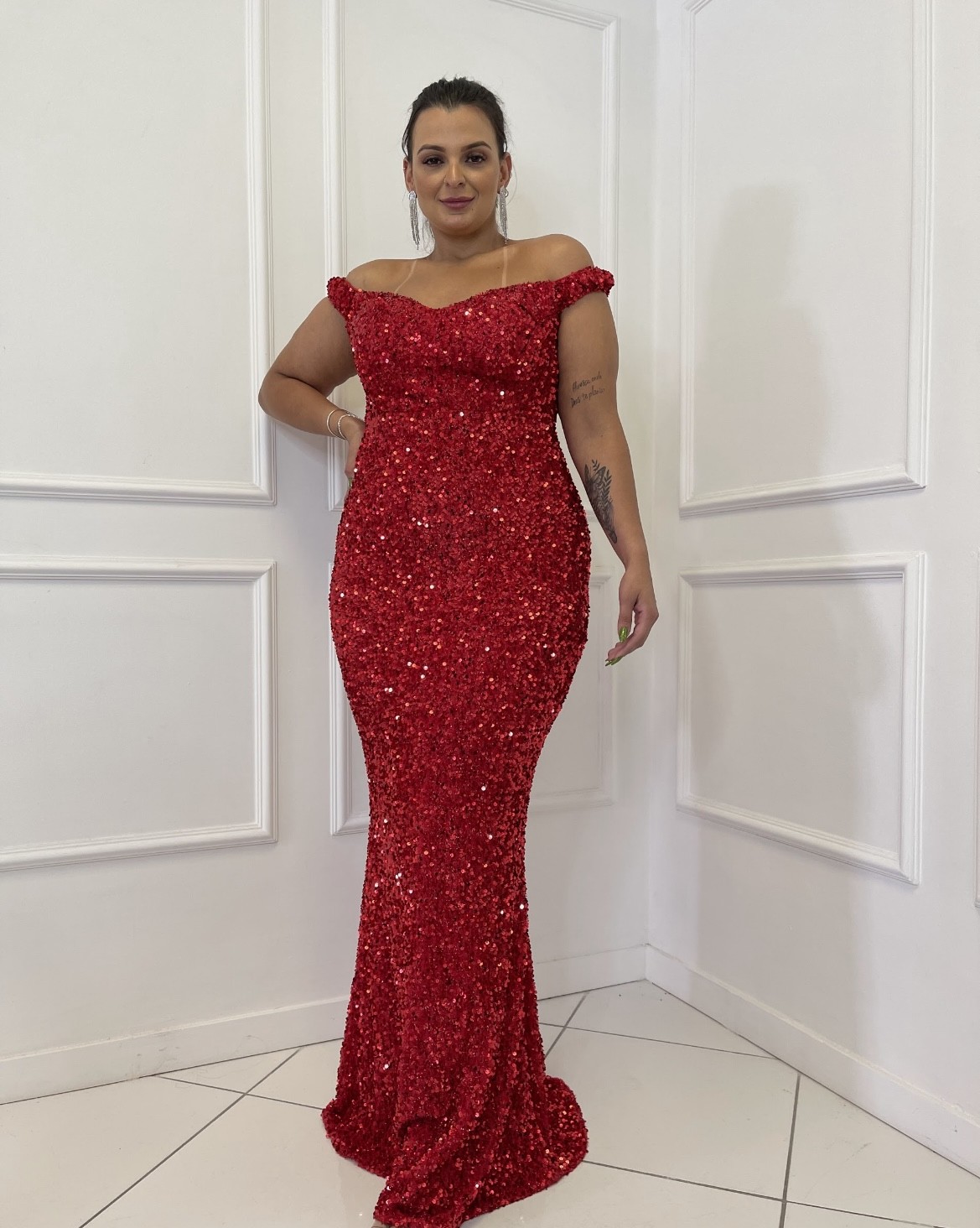 Vestido Vermelho Paetê Ombro a Ombro
