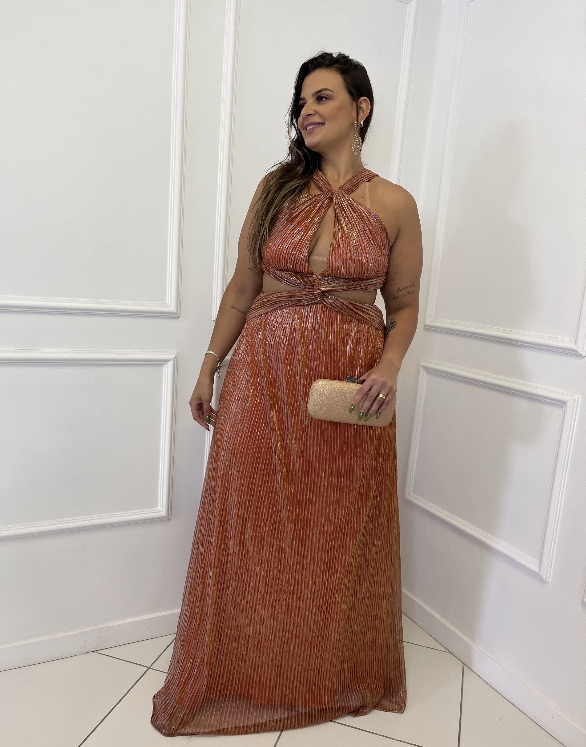 Vestido Lurex Terracota Transpassado na Frente