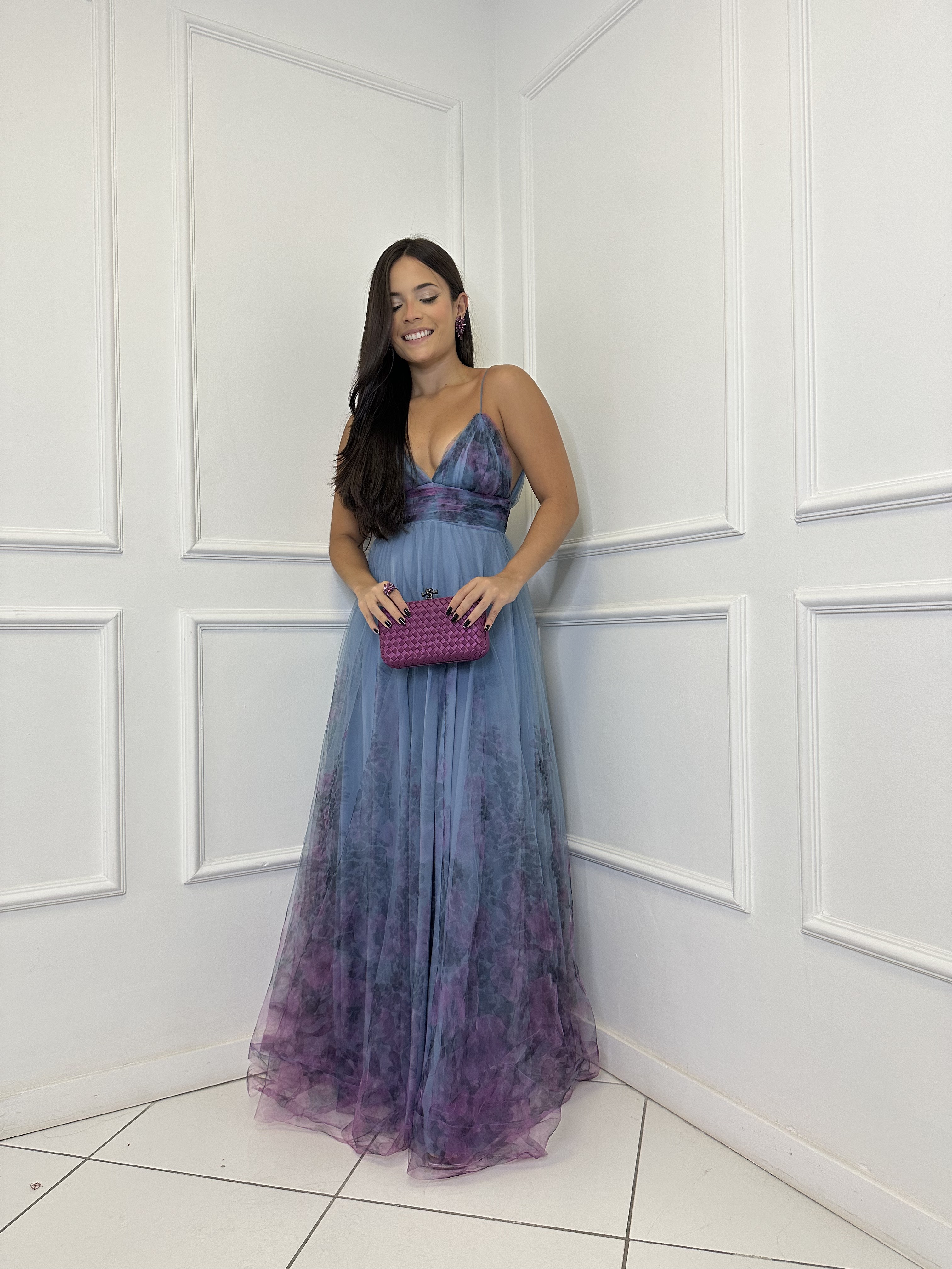 Vestido Tule Azul e Roxo Floral