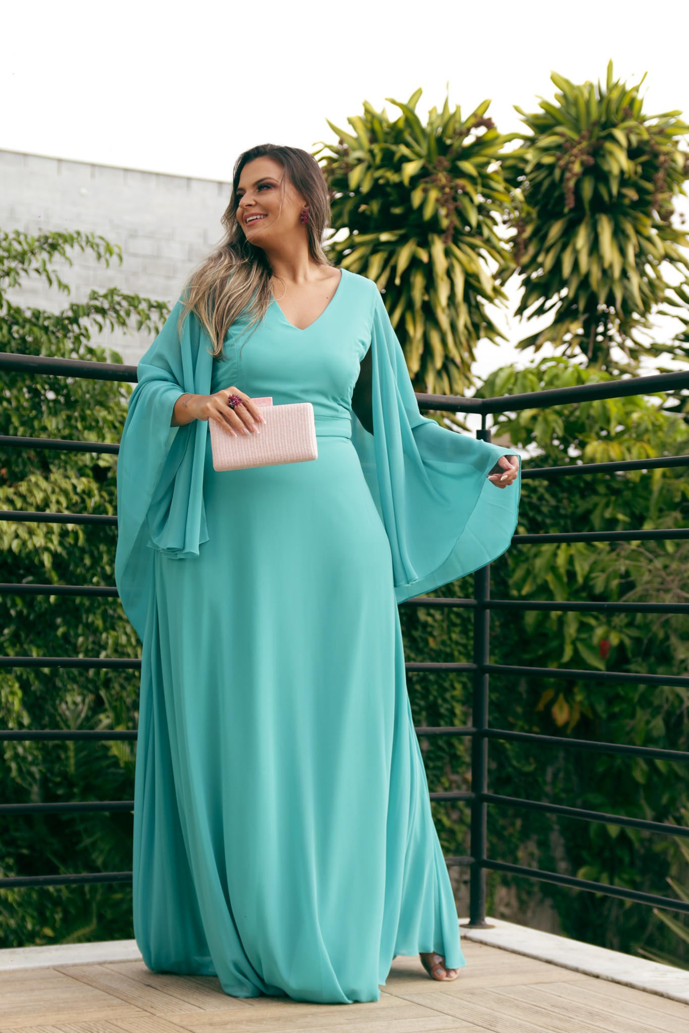 Vestido Verde Tiffany Manga Longa Fluido