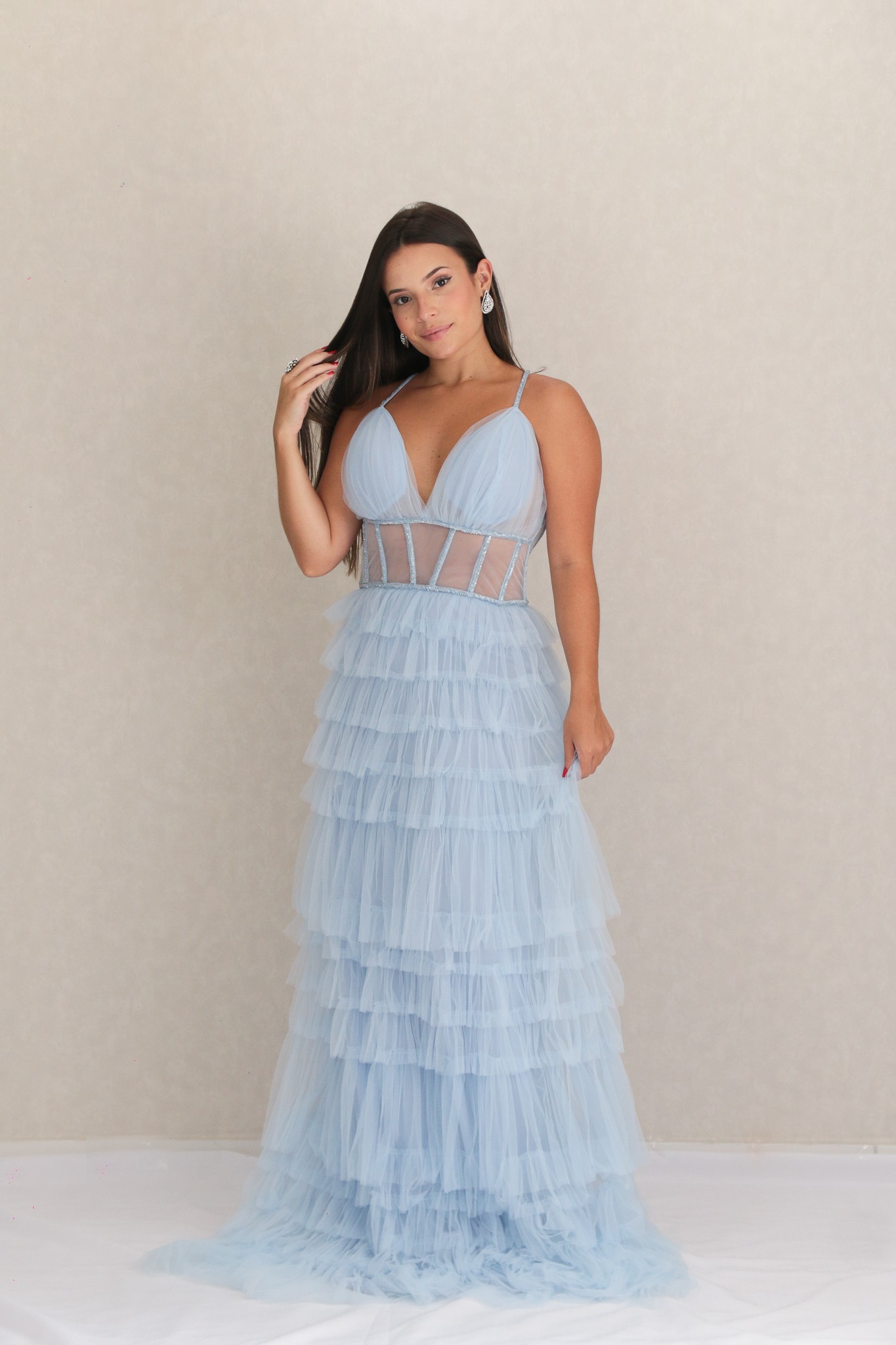 Vestido Tule Babado com Bordado Azul
