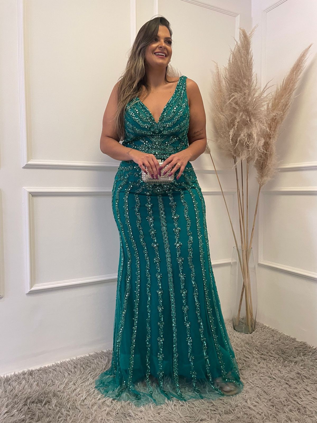Vestido Verde Sereia Bordado em Pedraria