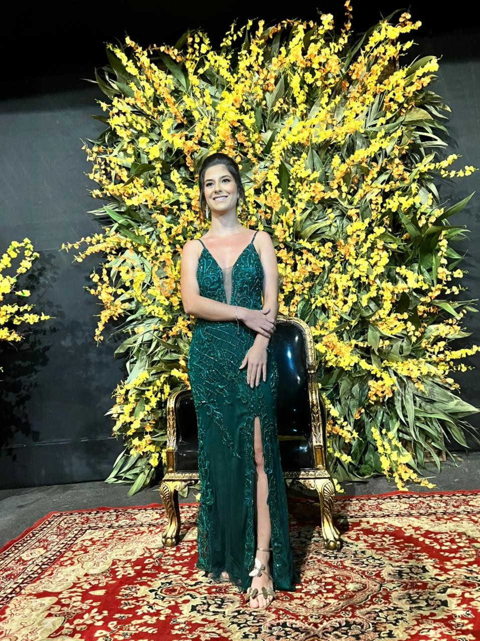 Longo Verde Renda Bordado com Fenda