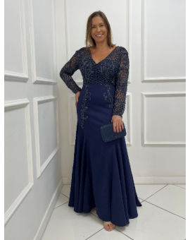 Vestido Azul Marinho Bordado no Tronco