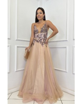 Vestido Dourado Com Bordado Lavanda e Roxo