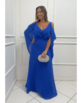 Vestido Azul Royal Fluido Manga Capa