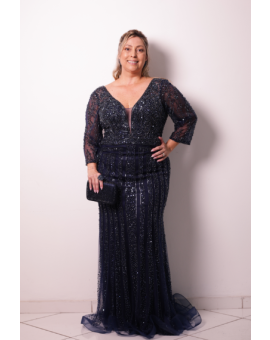Vestido Azul Marinho Tule Bordado